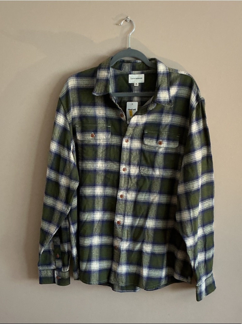 NWT Lucky Brand Olive Green and White Plaid Button-Down Shirt